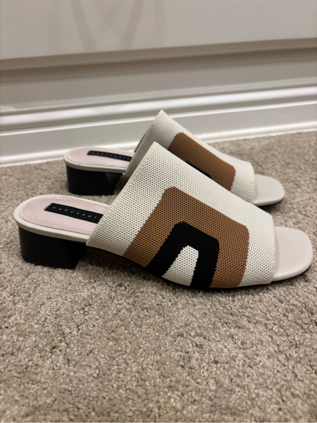 Sanctuary Cream, Tan & Black Open Square-Toe Slide Mules